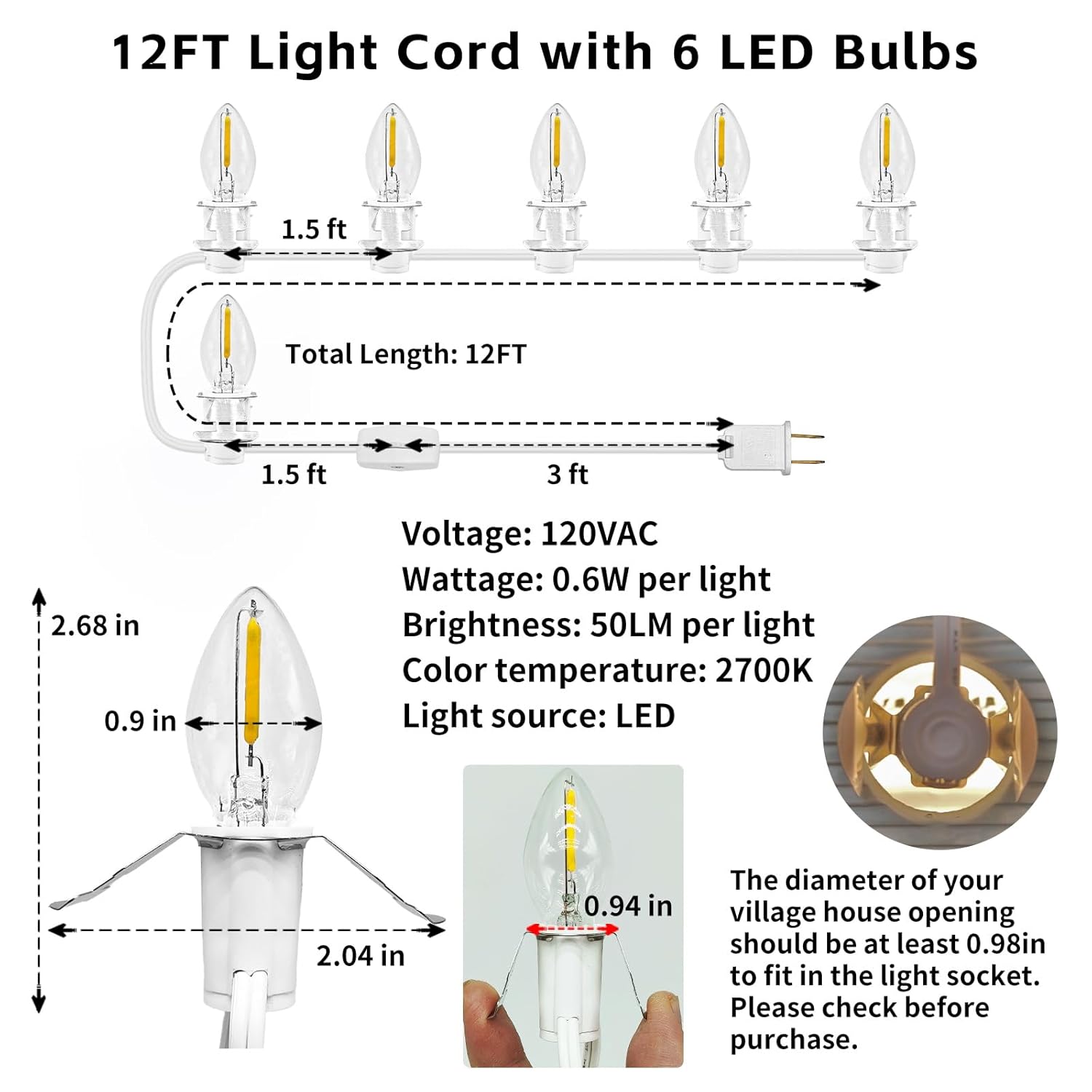 6-Bulb 12Ft Light Cord For Christmas Village Houses Accessories, Clip Light For Blow Mold, Replacement C7 Led Lights Wit