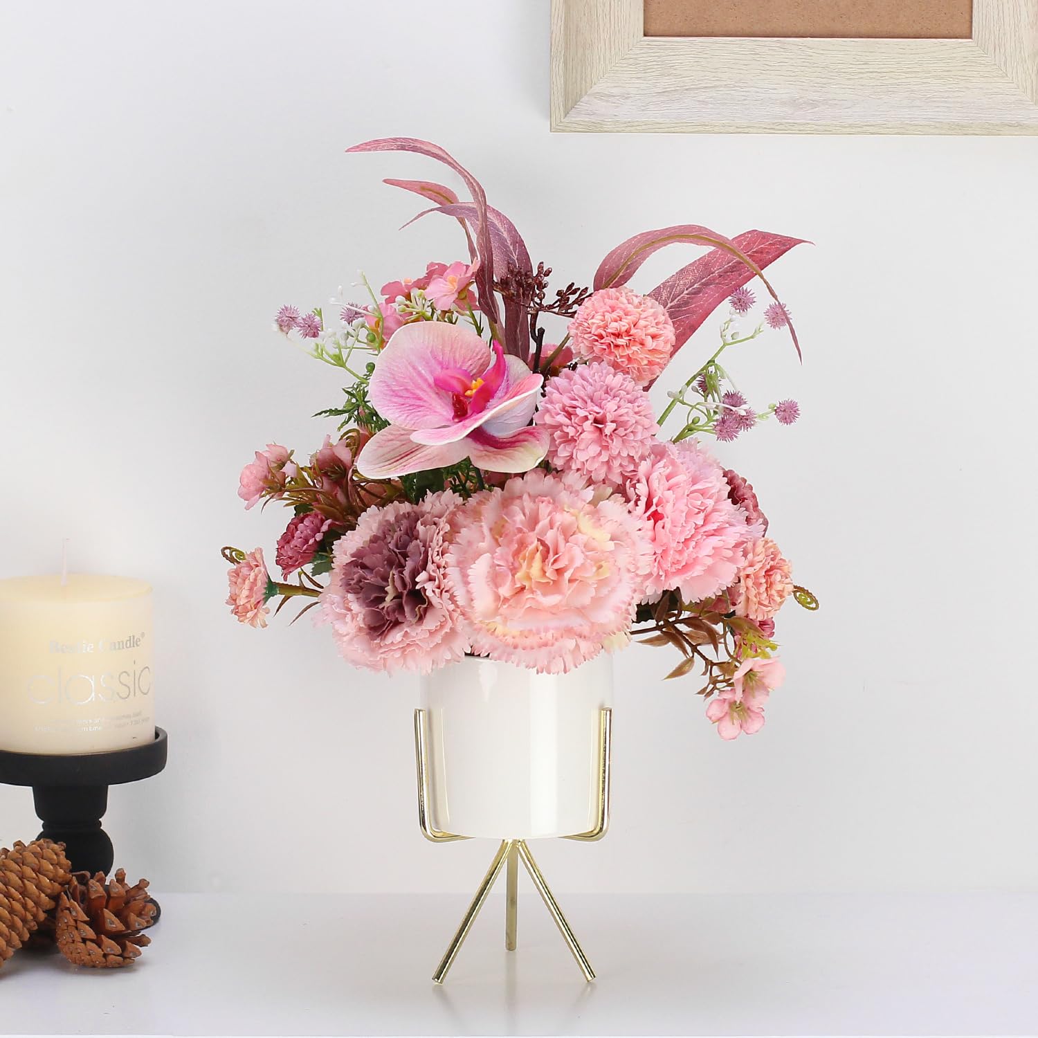 Artificial Pink Carnation And Orchid Flower Arrangement In White Ceramic Vase With Gold Stand (Pink)