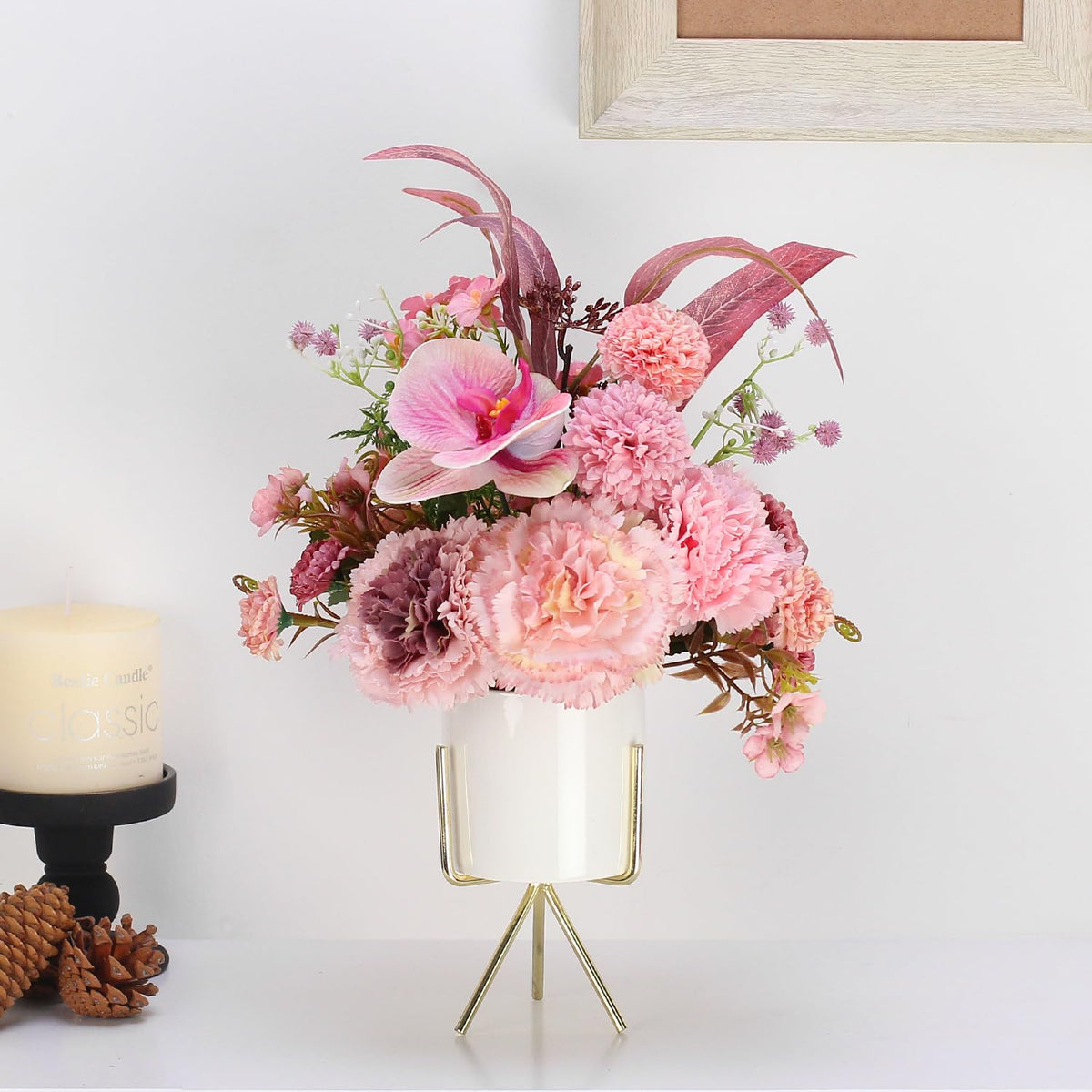 Artificial Pink Carnation And Orchid Flower Arrangement In White Ceramic Vase With Gold Stand (Pink)