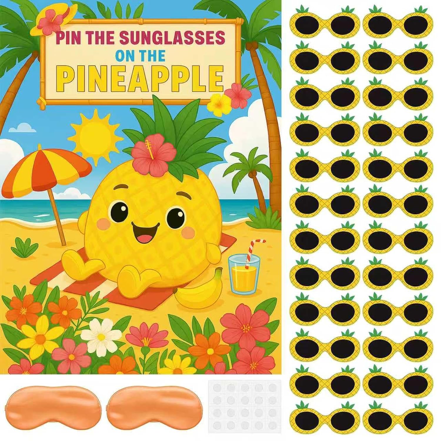 Hawaiian Party Game: Luau Summer Tropical Pin The Sunglasses On Pineapple And Coconut On Palm Tree With 24 Pcs Stickers For Tiki Summer Beach Hawaii Luau Party Supplies