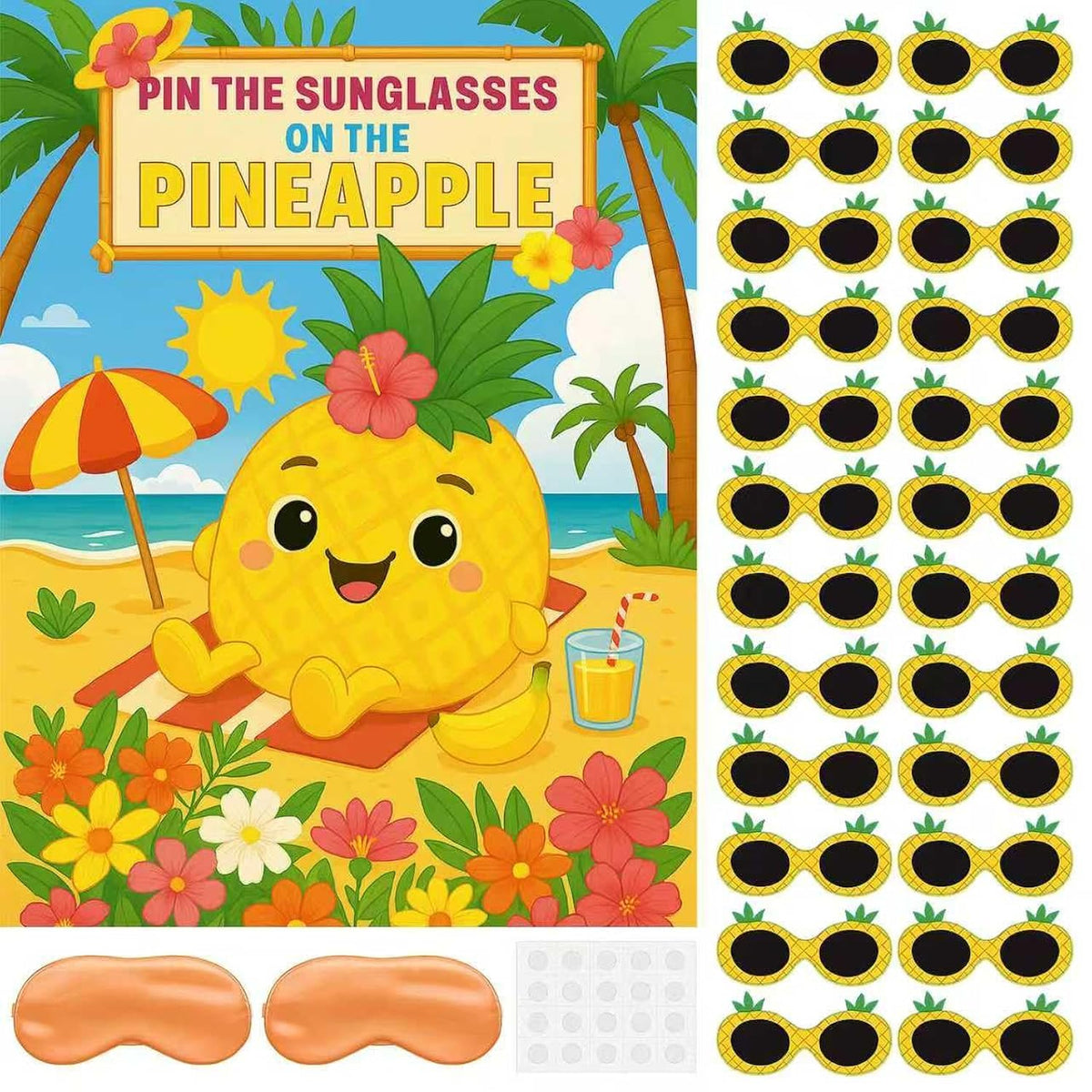 Hawaiian Party Game: Luau Summer Tropical Pin The Sunglasses On Pineapple And Coconut On Palm Tree With 24 Pcs Stickers For Tiki Summer Beach Hawaii Luau Party Supplies
