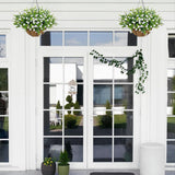 Artificial Hanging Flowers Basket For Outdoor, 16 Fake Flowers Look Real Uv Resistant, Faux Hanging Plants For Porch, Balcony, Patio, Garden, Spring Summer Decor,White