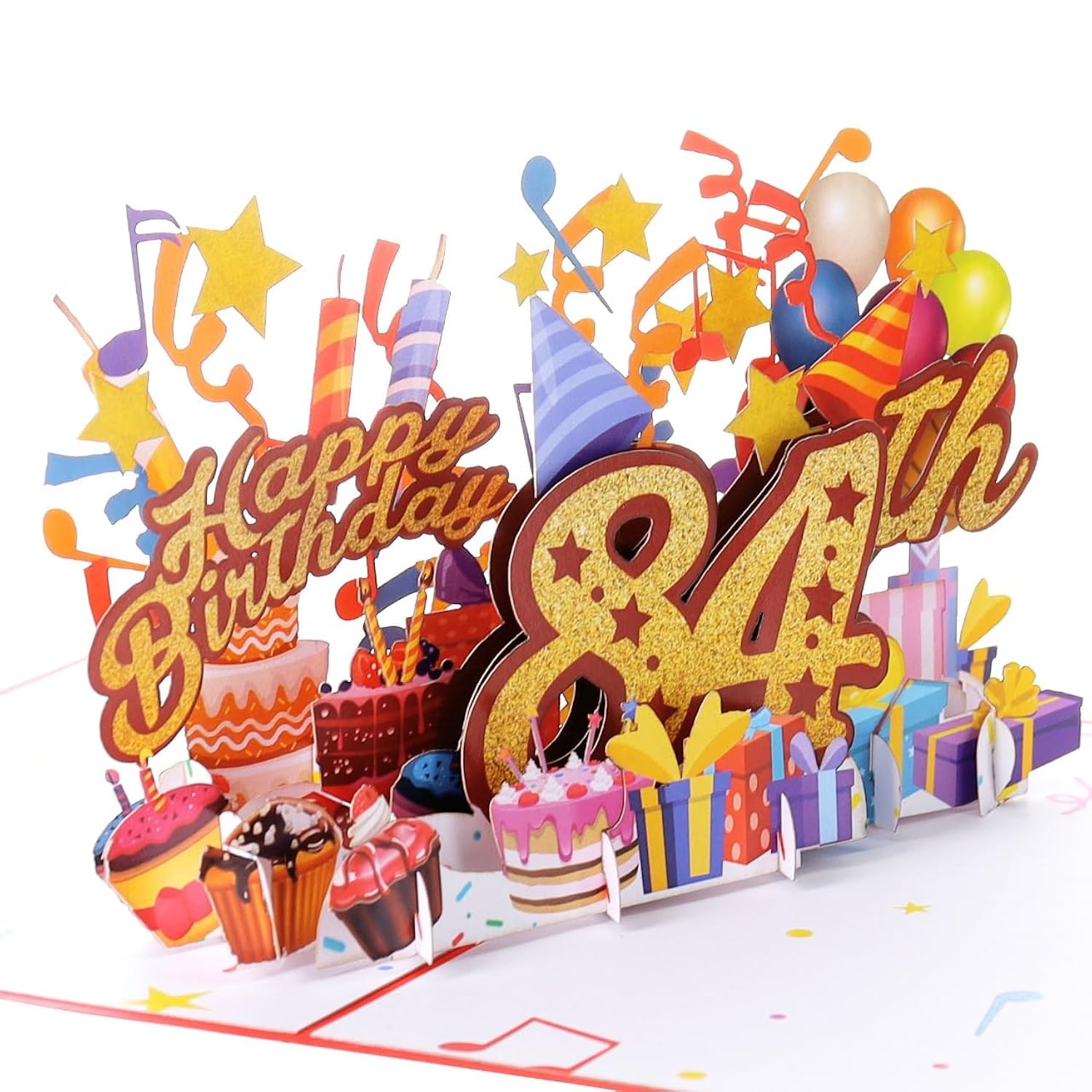 3D Pop Up Happy 84Th Birthday Card – Red Design With Glitter Numbers, Balloons, Cakes & Gifts – Unique Bday Card For Dad, Mom, Husband, Wife, Man Or Woman – 5" X 7"