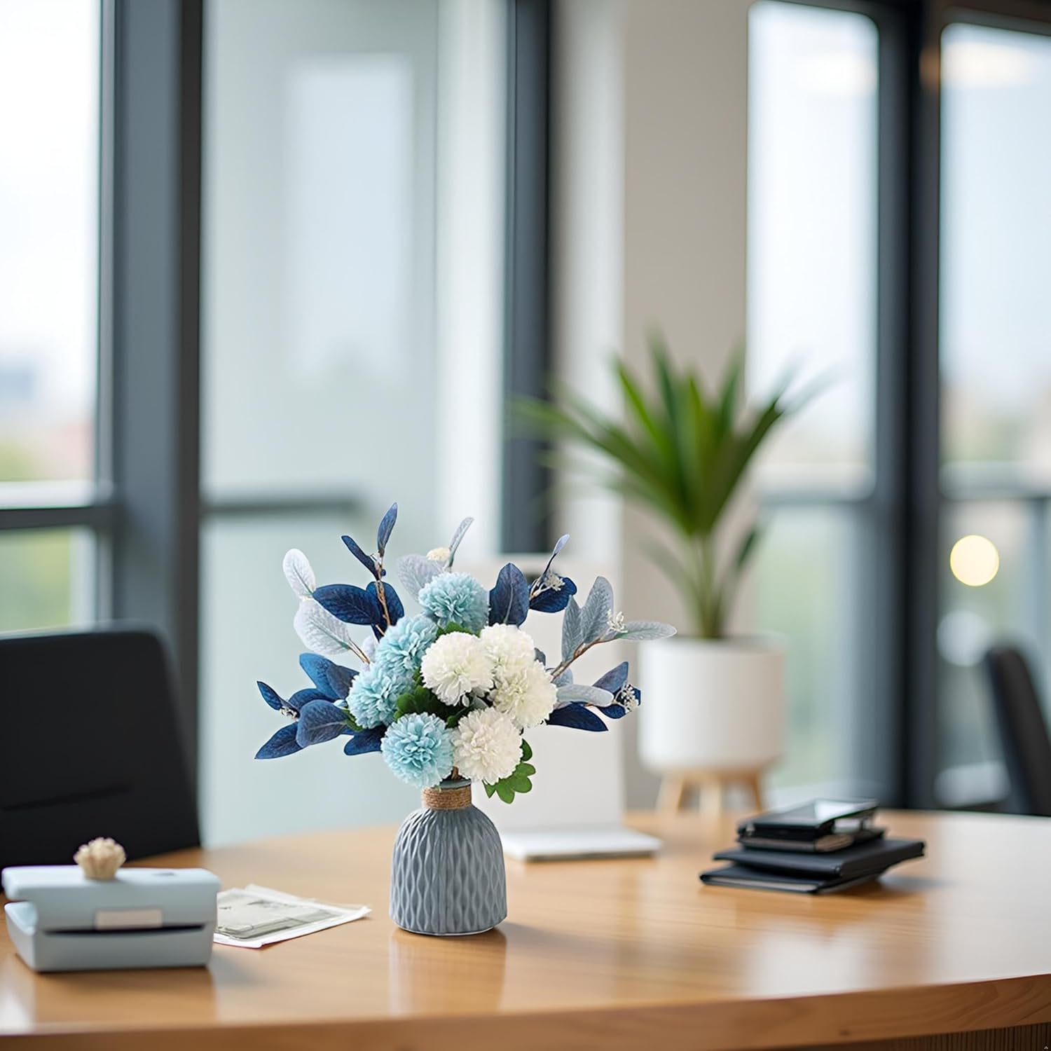 Blue Artificial Flower Bouquet In Ceramic Vase, White And Blue Ball Chrysanthemum With Eucalyptus, Minimalist Desk Decor For Office Home Centerpiece