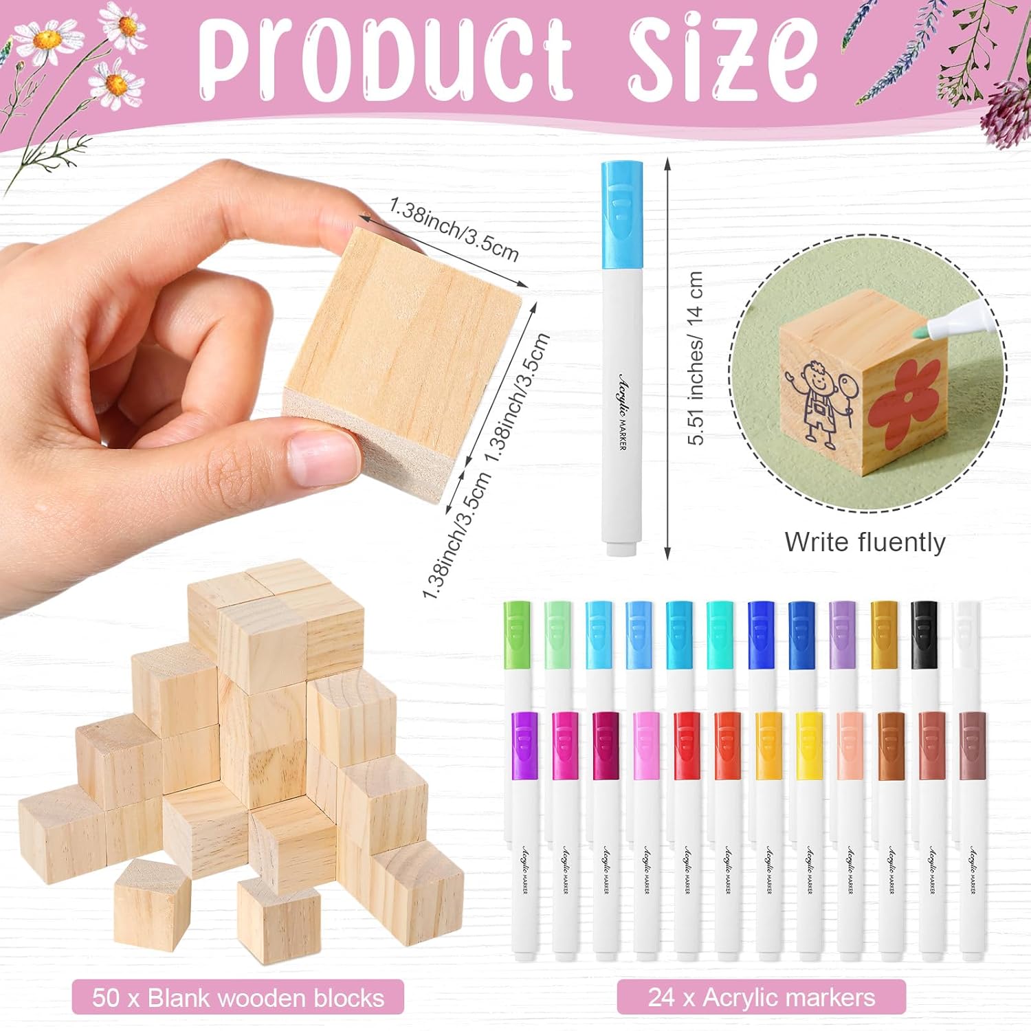 75 Pcs Baby Shower Games Sign Kit Including Decorate A Block Game Sign 50 Diy Blank Wooden Block 24 Acrylic Paint Marker Baby Shower Prize For Winners Gender Reveal (Classic,Flower)
