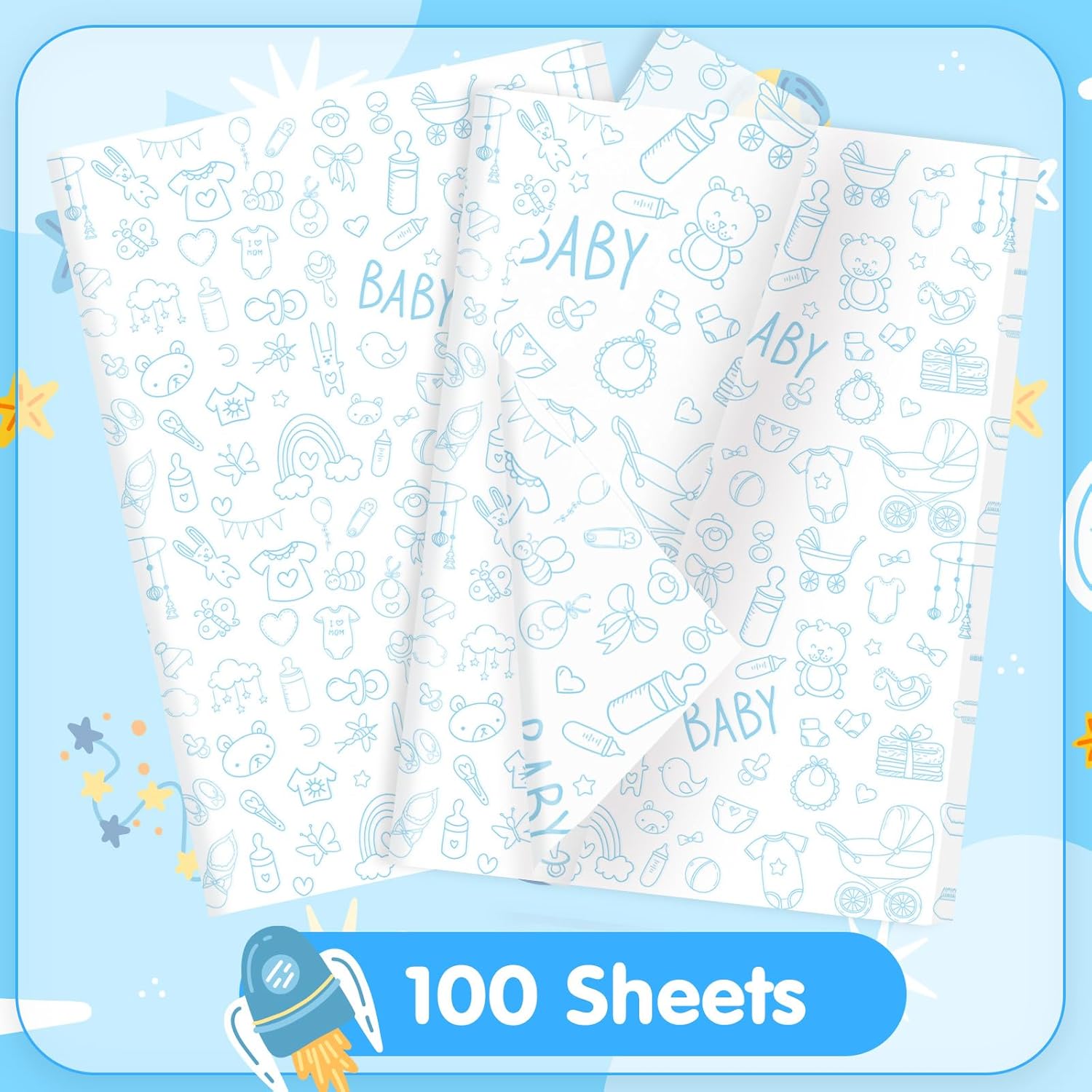 100 Sheets Blue Baby Shower Tissue Paper For Gift Bags Baby Boy Wrapping Paper,Party Decor,Diaper Raffle,20"X14"