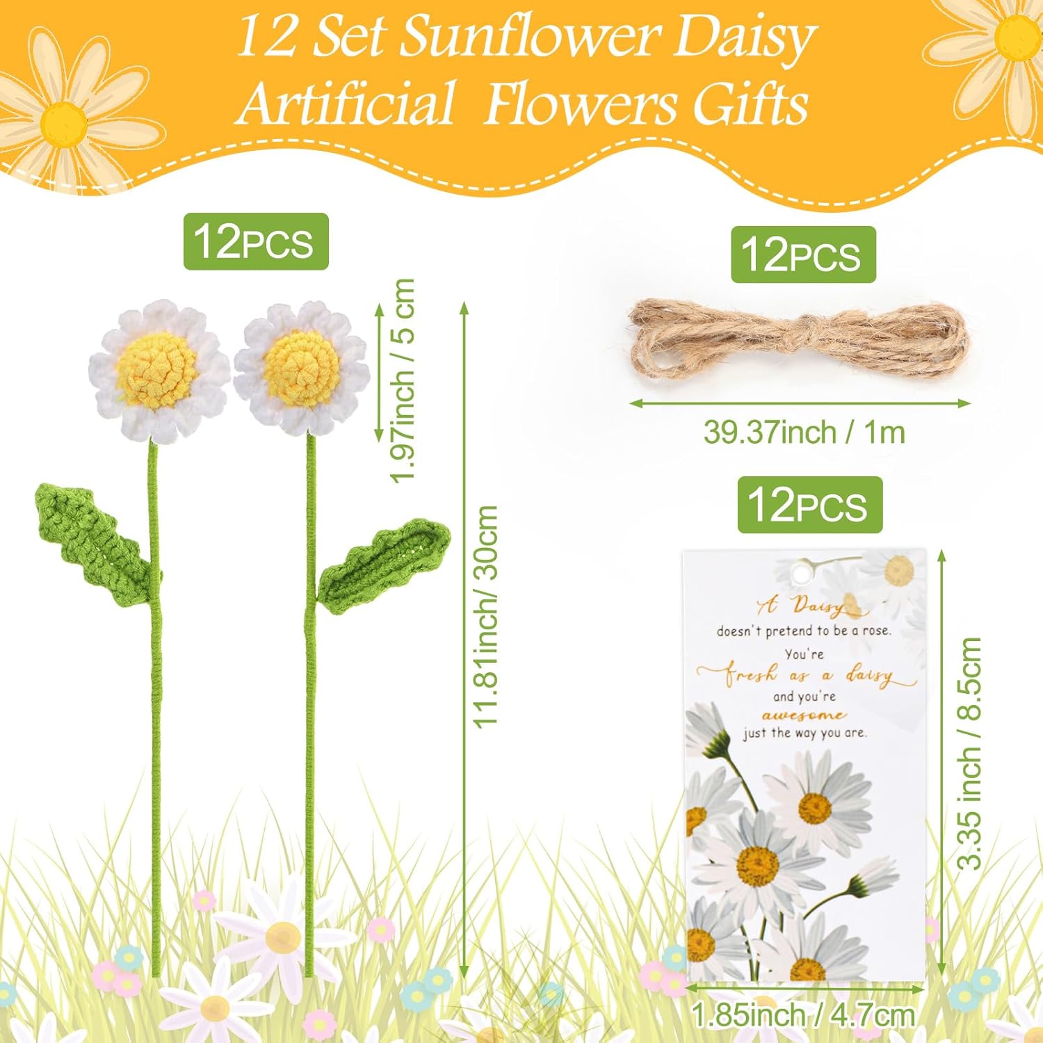12 Sets Valentine'S Day Gifts For Teachers Bulk Daisy Knitted Flower Bouquet Crochet Daisy And Awesome Cards Employee Appreciation Gifts For Staff Coworkers Nurse (White)