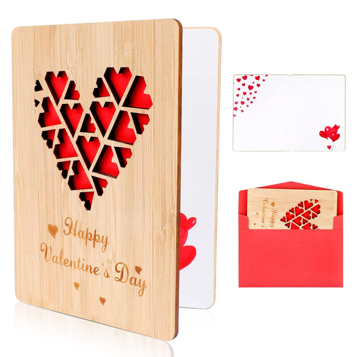 Valentine'S Day Bamboo Wooden Greeting Card(With Envelope), Happy Valentine'S Day Red Love Heart, For Her Him Girlfriend Boyfriend Wife Husband Mum Dad Valentine'S Day Gifts Card