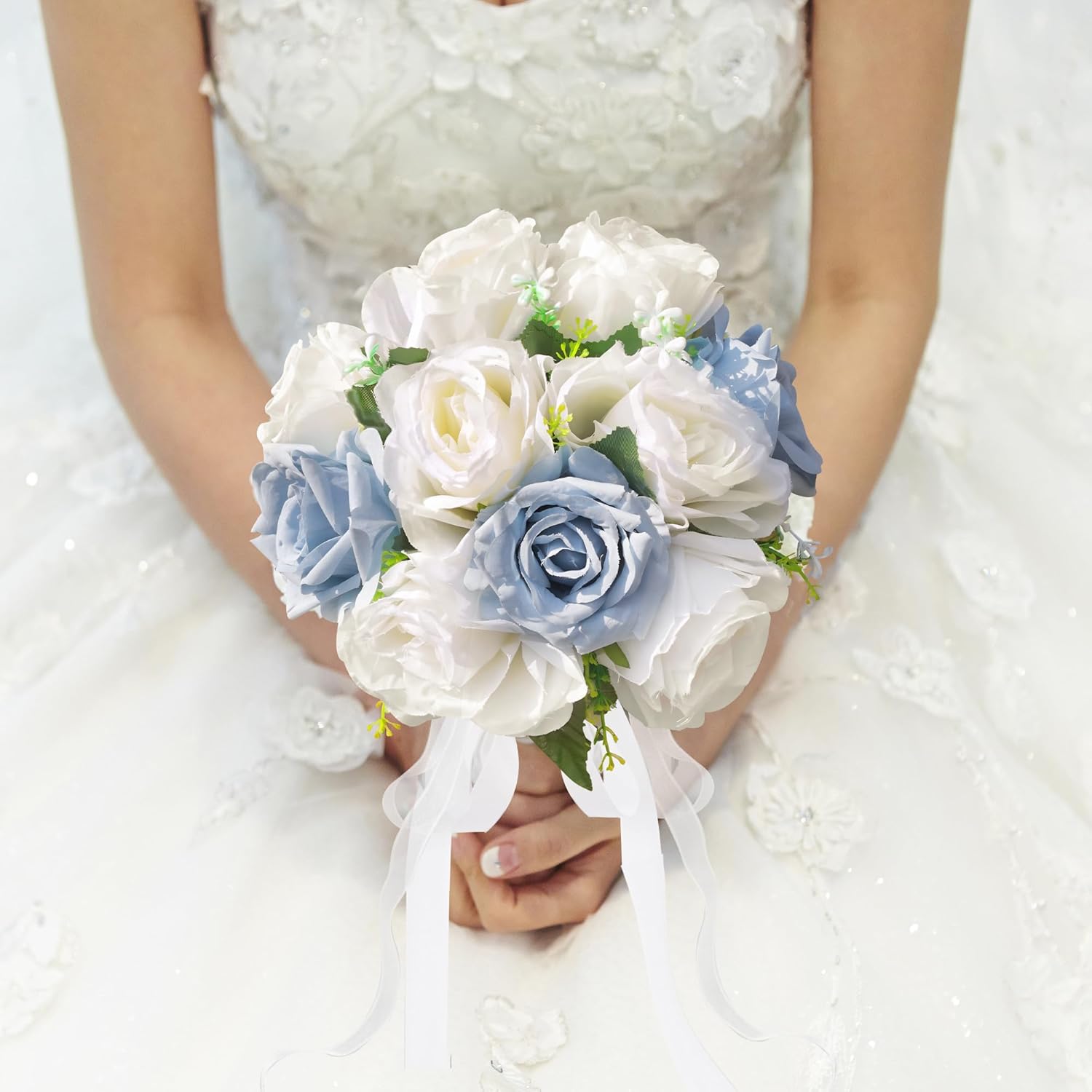 Wedding Bouquets For Bride & Bridesmaid - Realistic Silk Flowers Artificial Roses, 8 Inch Bridesmaid Bouquet For Ceremony, Church, Anniversary, And Home Decoration (White & Blue)