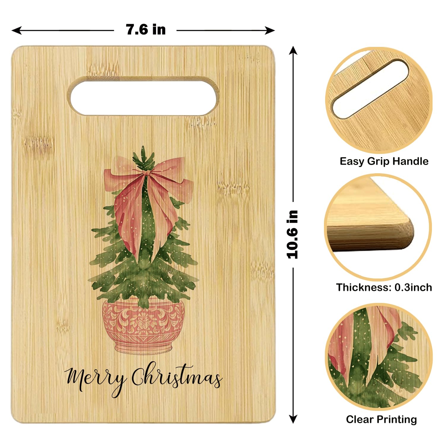 Pink Chinoiserie Merry Christmas Cutting Board, Grandmillennial Christmas Kitchen Decor, Preppy Pink Bow Coquette Xmas Tree Bamboo Cutting Board For Kitchen
