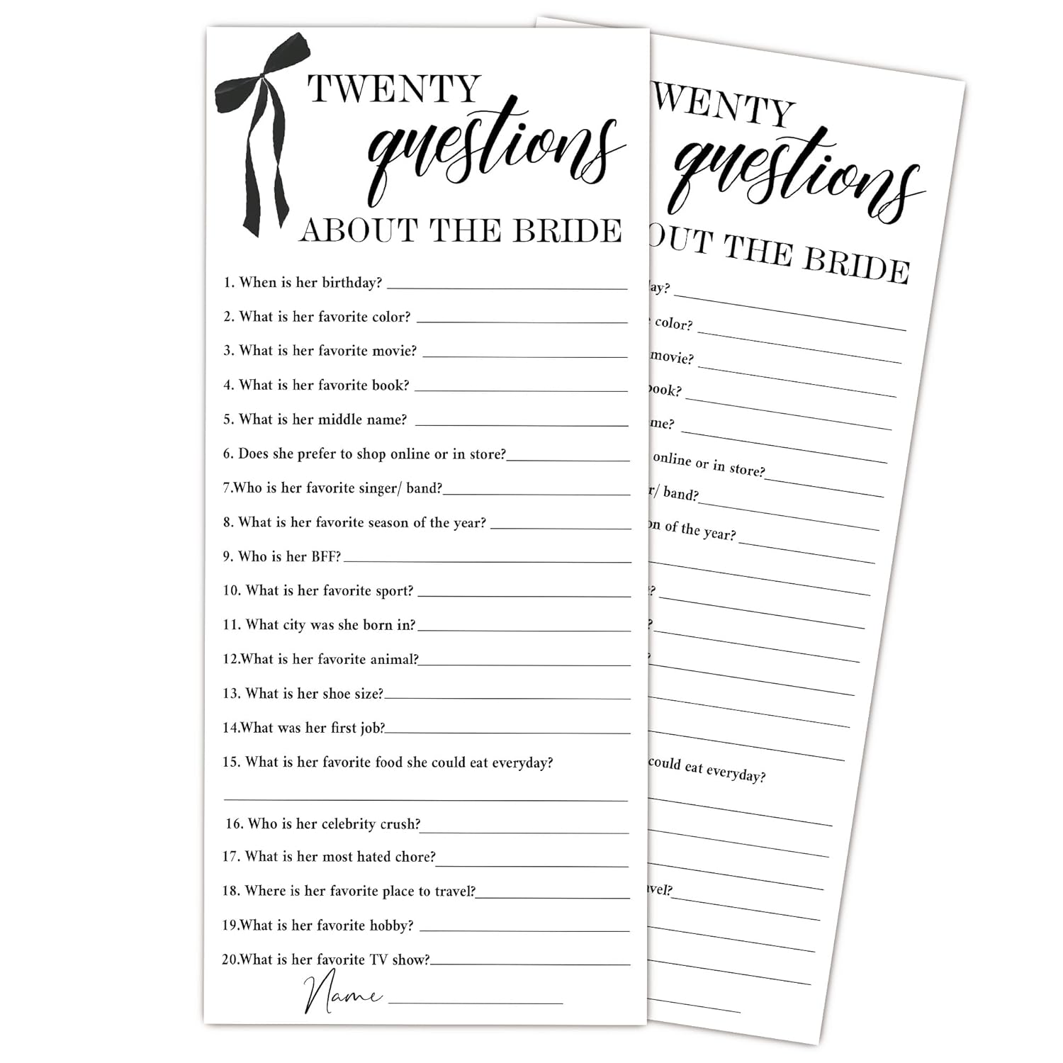Black Bow Wedding Shower Games, Twenty Questions Wedding Games For 25 Guests, Engagement Bridal Shower Party Cards, Engagement & Bridal Party Supplies-4X9 Inch-A38