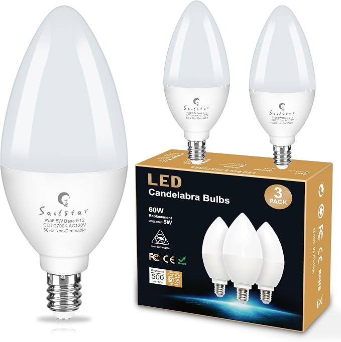 E12 LED Candelabra Bulbs 3 Pack 60W Equivalent 2700K Soft White B11 Ceiling Fan Light Bulbs