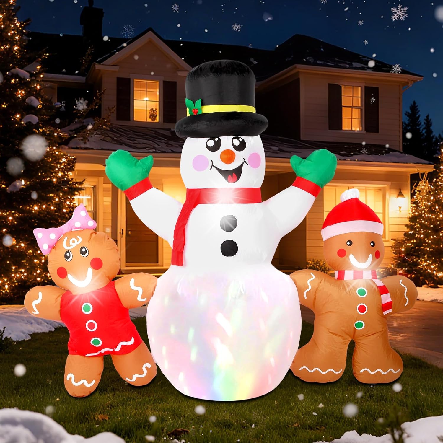 7Ft Christmas Inflatables Decorations Outdoor?Blow Up Christmas Snowmen And Gingerbread Men With Built-In Leds Lights Fo