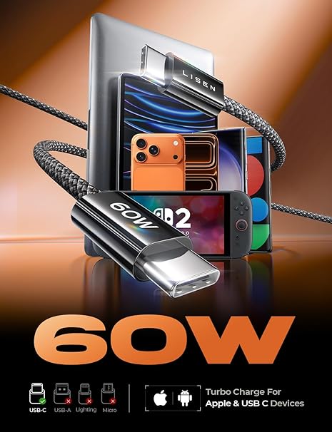 5 Pack USB C to USB C Fast Charging Cables 60W 3.3FT 6.6FT 10FT for iPhone 17 16 15 Galaxy S25