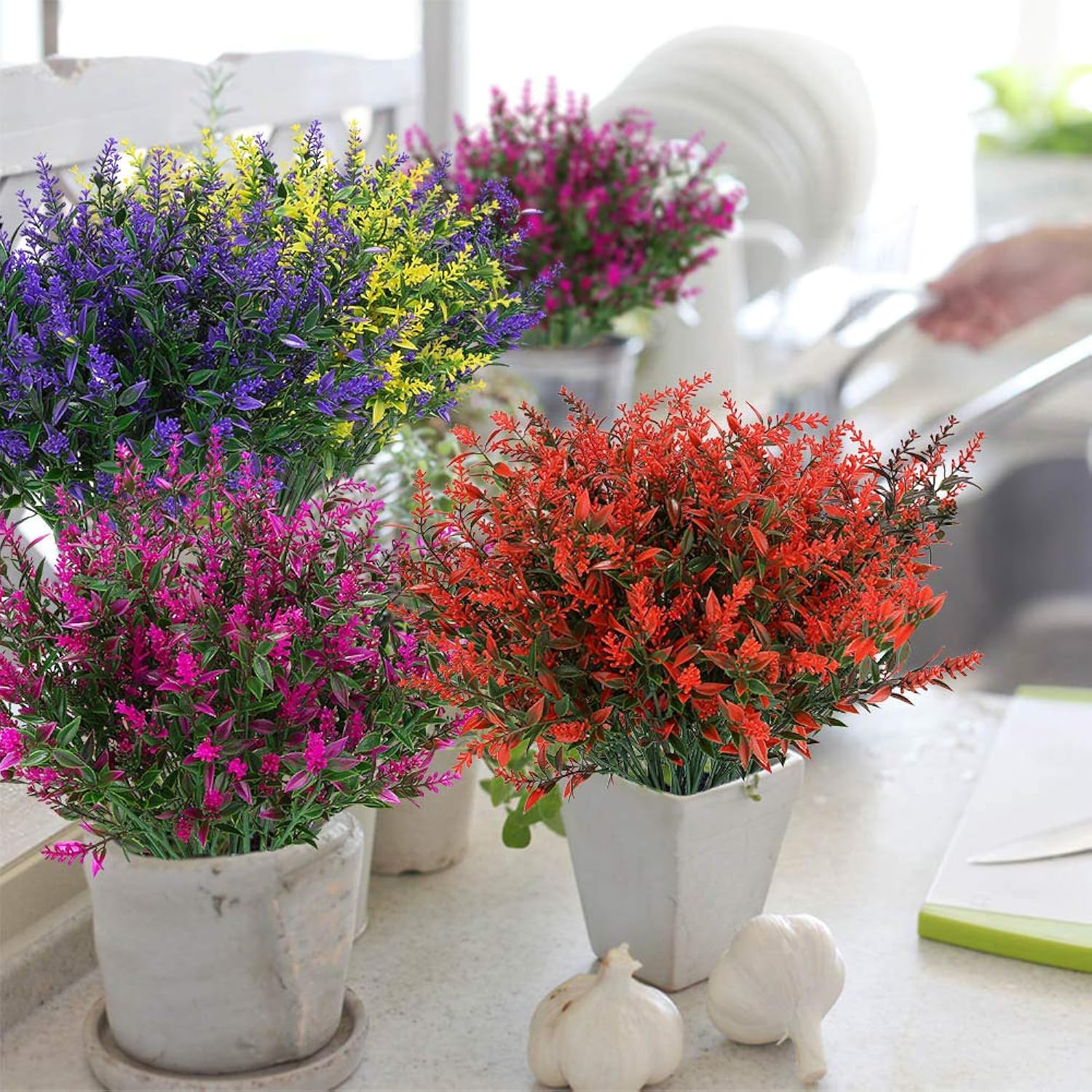 Artificial Lavender Flowers Plants 6 Pieces, Lifelike Uv Resistant Fake Shrubs Greenery Bushes Bouquet To Brighten Up Your Home Kitchen Garden Indoor Outdoor Decor(Orange Red)