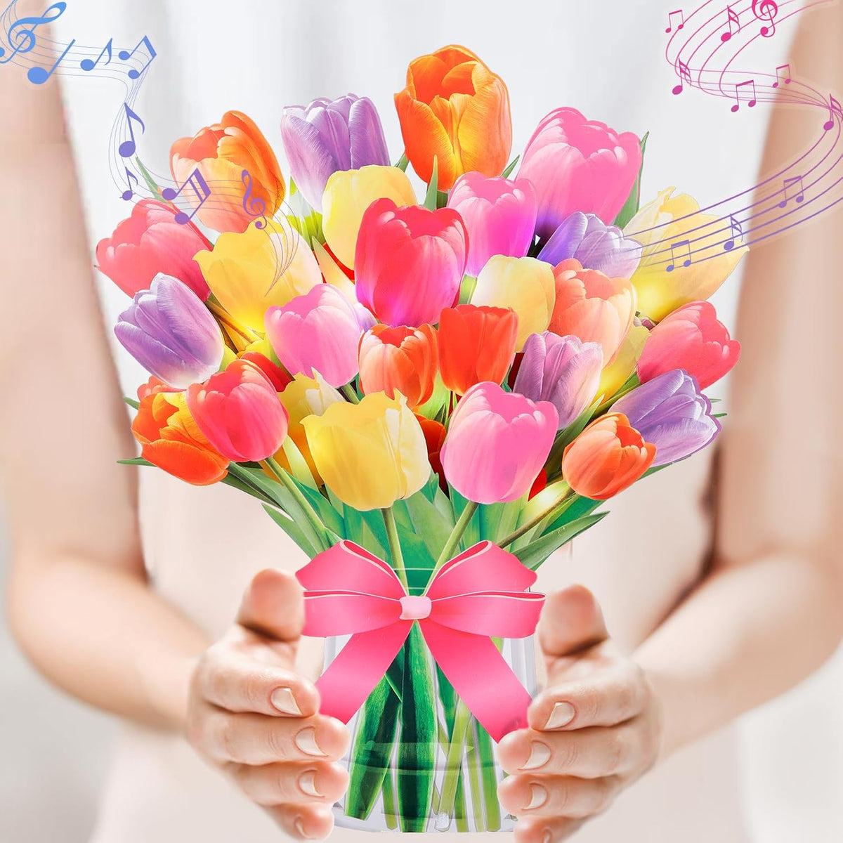 3D Popup Tulips Bouquet Greeting Card | Musical Light Up Flowers Bouquet | Decorative Floral Design | Mom Women Wife | Envelope & Blank Note Card | Perfect For Birthday, Anniversary, Get Well, All Occasion