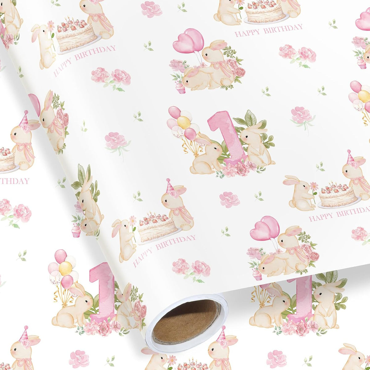 Girls 1St Birthday Wrapping Paper Roll, 17 In X 16.4 Ft, Mini Roll - Pink Bunny Floral Happy Birthday Gift Wrap Paper With Cakes, Perfect For Girls First Birthday'S Party Decor, Baby Shower