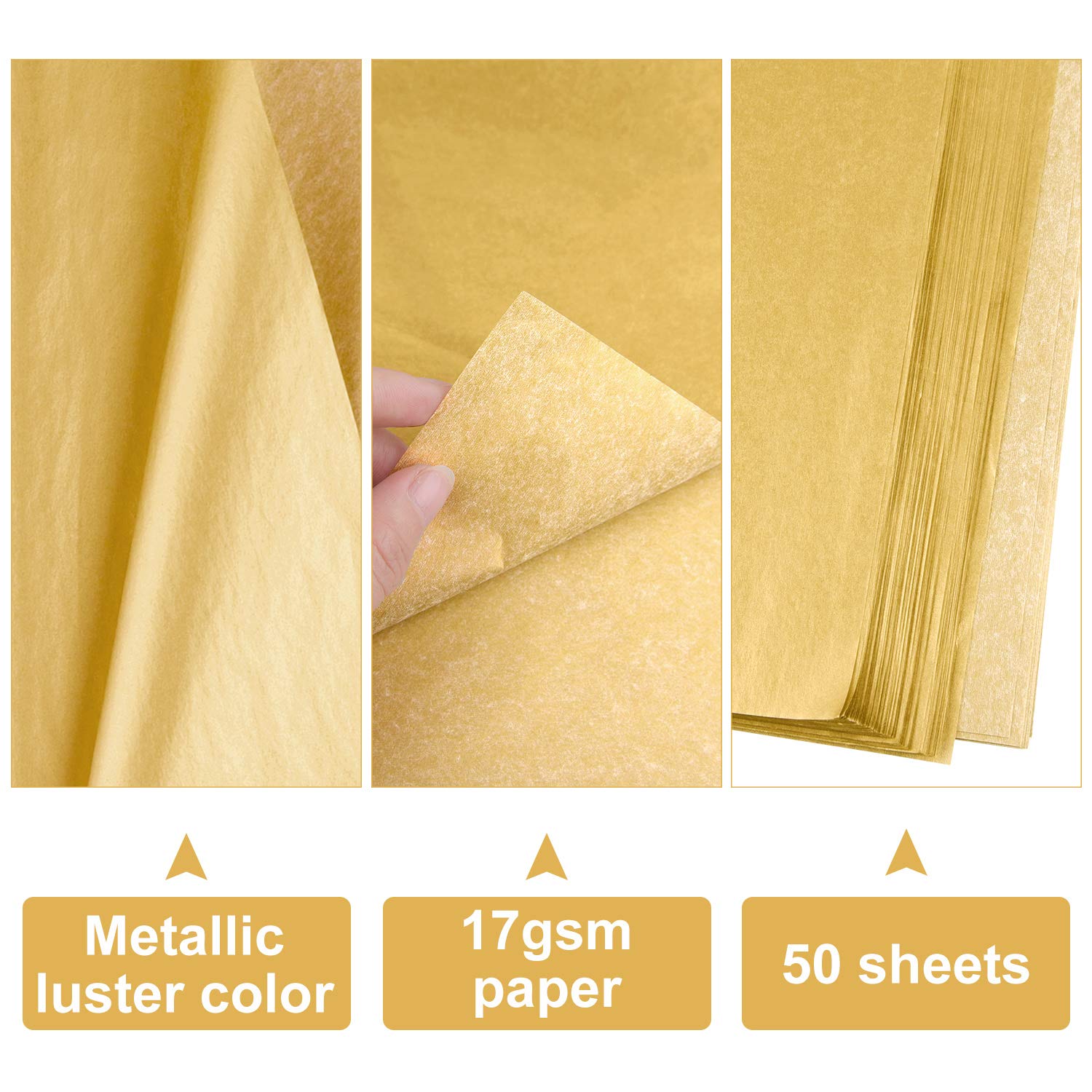 50 Sheets Metallic Gold Tissue 20X14 Inch Gift Wrap Paper Bulk Gift Wrapping Accessory Wrap For Wedding Birthday Party Favor Decor Diy Fringes Shredded Fill Confetti (Gold)