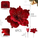 Magnolia Glitter Flowers 6Pcs Single Stem Christmas Flowers For Home Table Festivals Indoor Outdoor Decor (Red)