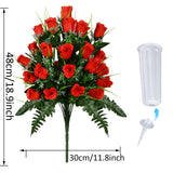 Artificial Cemetery Flowers, Grave Decorations Roses, Memorial Flowers Bouquet With Cemetery Vase, 2 Sets (Red)