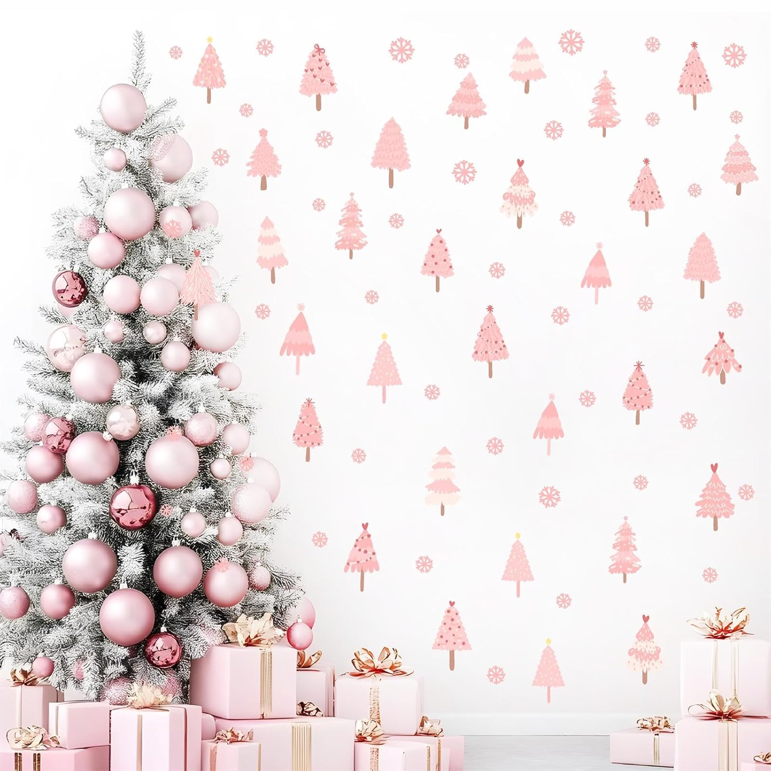 Pink Christmas Tree Wall Decals Merry Christmas Wall Stickers Xmas Tree Snowflake Stickers For Christmas Wall Decoration Indoor Pink Pine Tree Wall Decals For Kids Bedroom Winter Holiday Party Decor