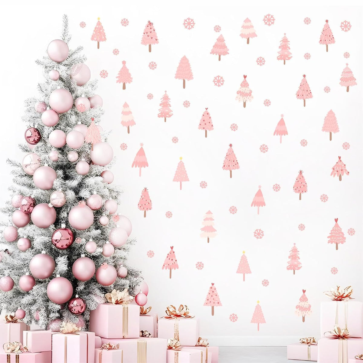 Pink Christmas Tree Wall Decals Merry Christmas Wall Stickers Xmas Tree Snowflake Stickers For Christmas Wall Decoration Indoor Pink Pine Tree Wall Decals For Kids Bedroom Winter Holiday Party Decor
