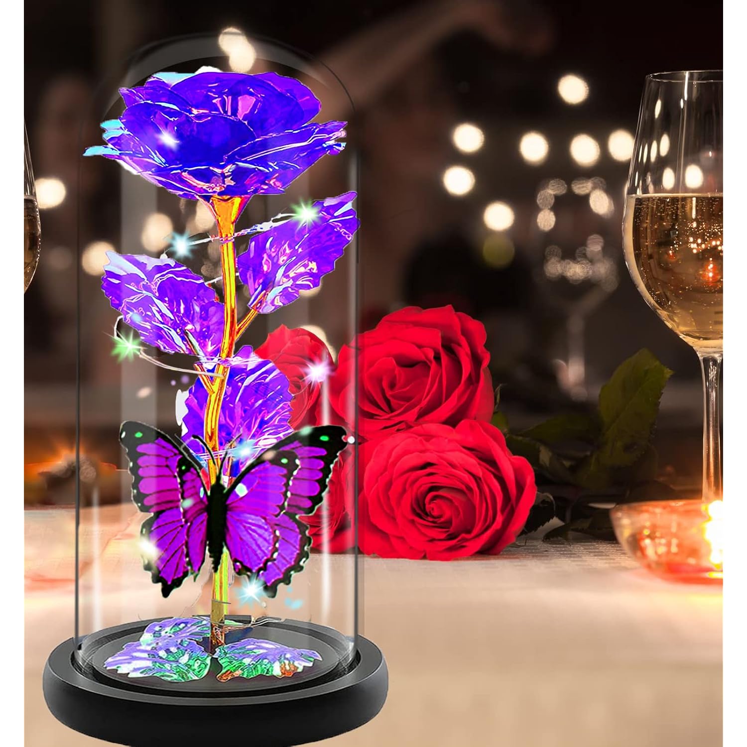 Valentines Day Gifts For Her, Valentines Rose Flowers Gifts, Birthday Gifts For Women, Galaxy Crystal Light Up Rose In A Glass Dome, Valentine Day For Her Women Mom Girlfriend, Purple Butterfly