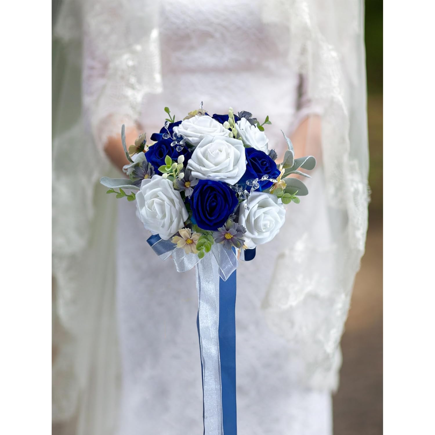 Navy Blue Wedding Bouquet, Artificial Flowers Bridal Cascading Bouquets, Seaside Wedding Bouquets For Wedding Ceremony And Anniversary
