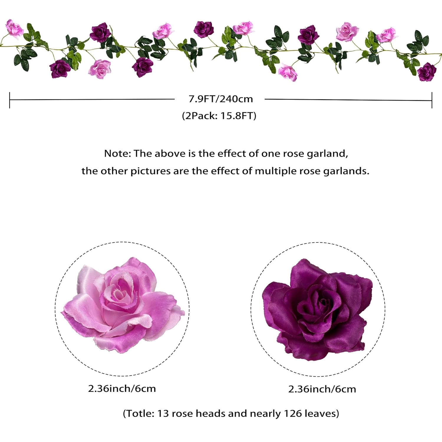 Fake Rose Garland 2 Pack, 15.8Ft Artificial Flower Garlands Hanging Rose Vines Silk Flowers For Wedding Backdrop Home Garden Arch Party Decor (Fuchsia)