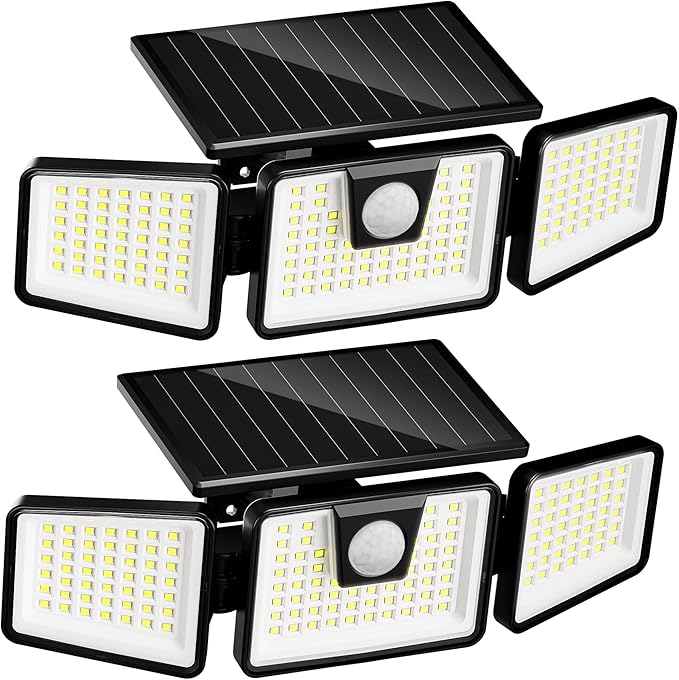 2 Pack 3000LM Solar Motion Sensor Security Lights 156 LED 3 Head Waterproof Flood Lights