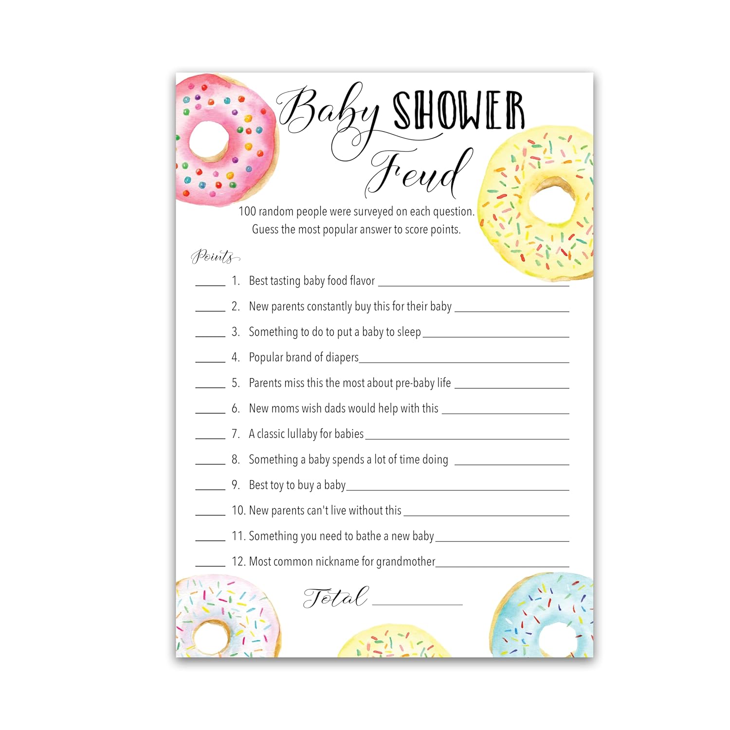 Donut Baby Shower Feud Game — Pack Of 25 — Fun Shower Family Fued Games, Doughnut Theme Shower Activity, Girl Or Boy Gender Neutral Pink Blue Couples Shower Gender Reveal Party G850-Bsf