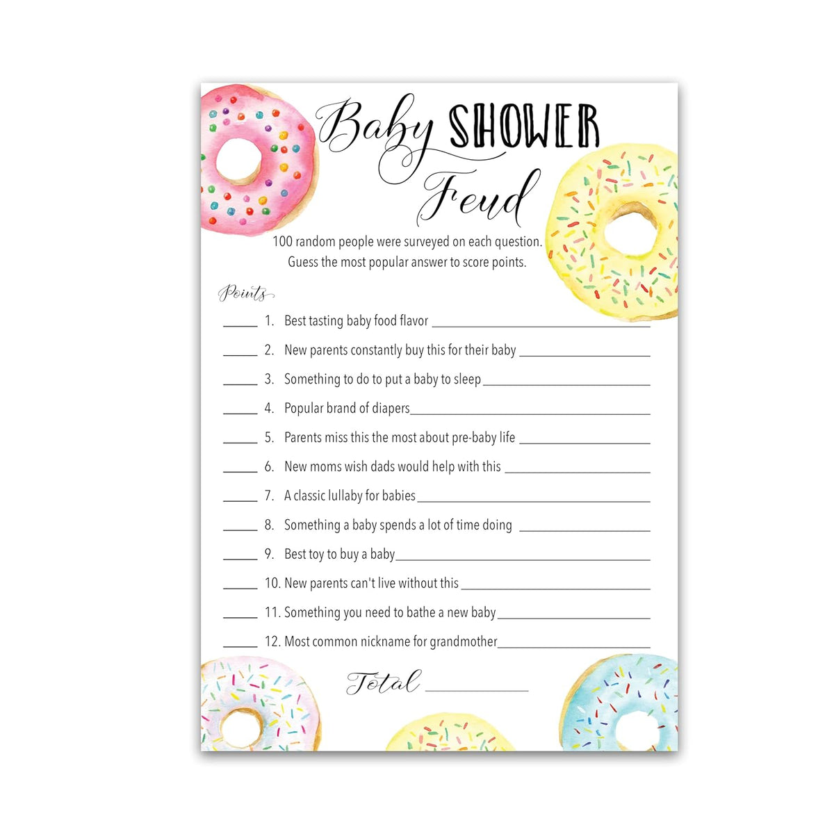 Donut Baby Shower Feud Game — Pack Of 25 — Fun Shower Family Fued Games, Doughnut Theme Shower Activity, Girl Or Boy Gender Neutral Pink Blue Couples Shower Gender Reveal Party G850-Bsf