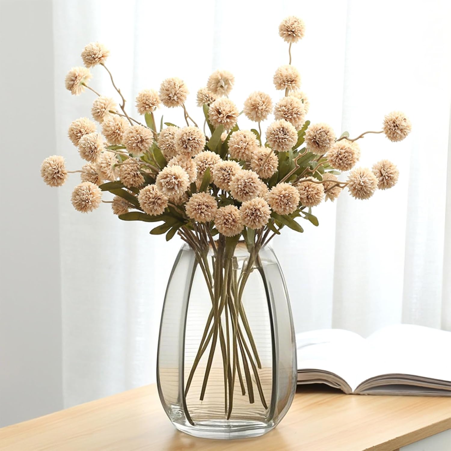 10Pcs Faux Beige Kiku Flowers, 5 Heads Each Stem & 4 Branches Eucalyptus Stems, Artificial Small Mini Chrysanthemum Flowers For Aesthetic Room Decor, Floral Arrangements Centerpiece