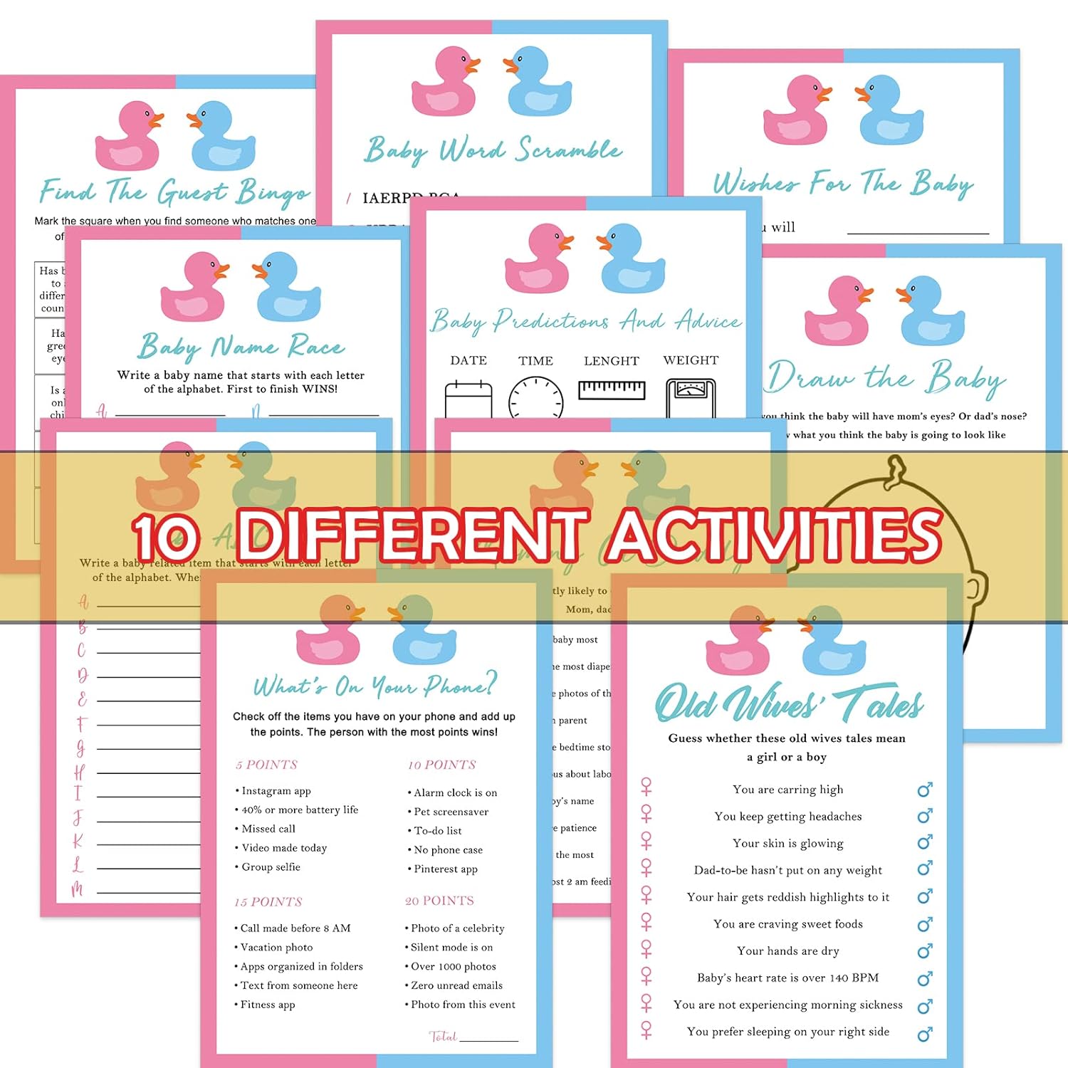 Waddle It Be Gender Reveal Games, 10 Activities, Duck Gender Reveal Game Bundle For 20 Guests, What The Duck Gender Reveal Games, Boy Or Girl Party Supplies