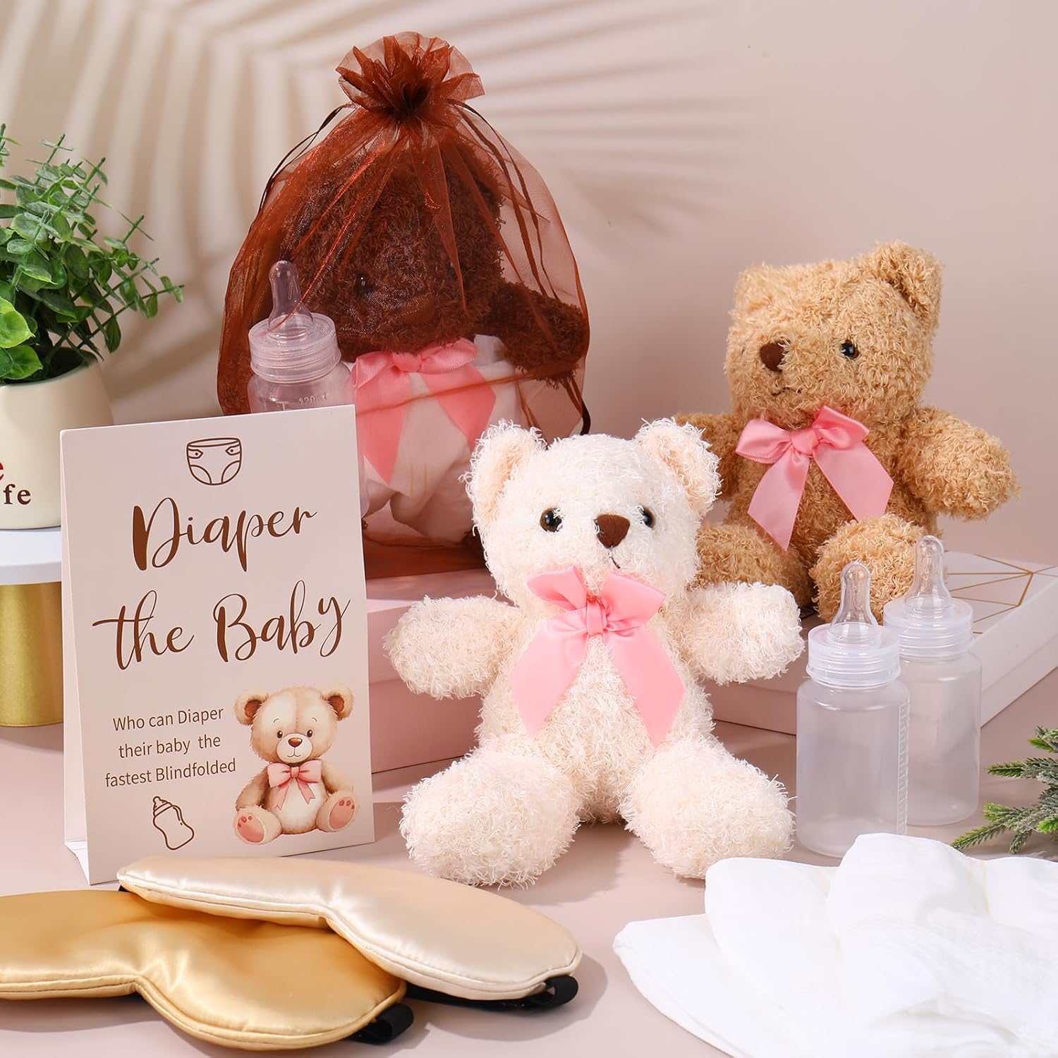61Pcs Bear Blindfolded Diaper Changing Baby Shower Game Set Funny Baby Dolls Diapers Eye Masks Milk Bottles For Gender Reveal Party Game Prize Gift Supplies