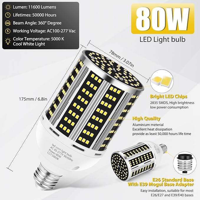 LED Corn Light Bulb 2 Pack 80W 10500LM Commercial Grade 5000K Daylight E26 E39 Warehouse Garage Lighting