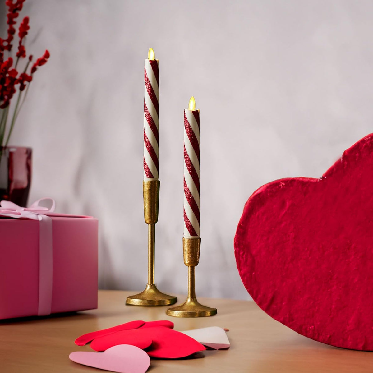 - Flameless Battery Operated Taper Candle - Candy Cane Red- Pack Of 2-1X9.75 - Led Flickering Flame - Realistic Safe For Home Kids And Pets