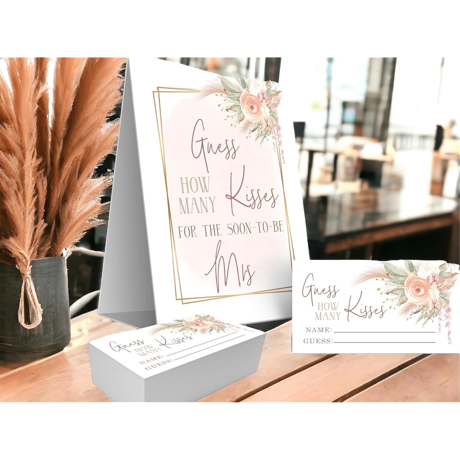 Boho Floral How Many Kisses Game For Bridal Shower – Self-Standing Sign With 50 Guessing Cards – Wedding Shower Candy Games