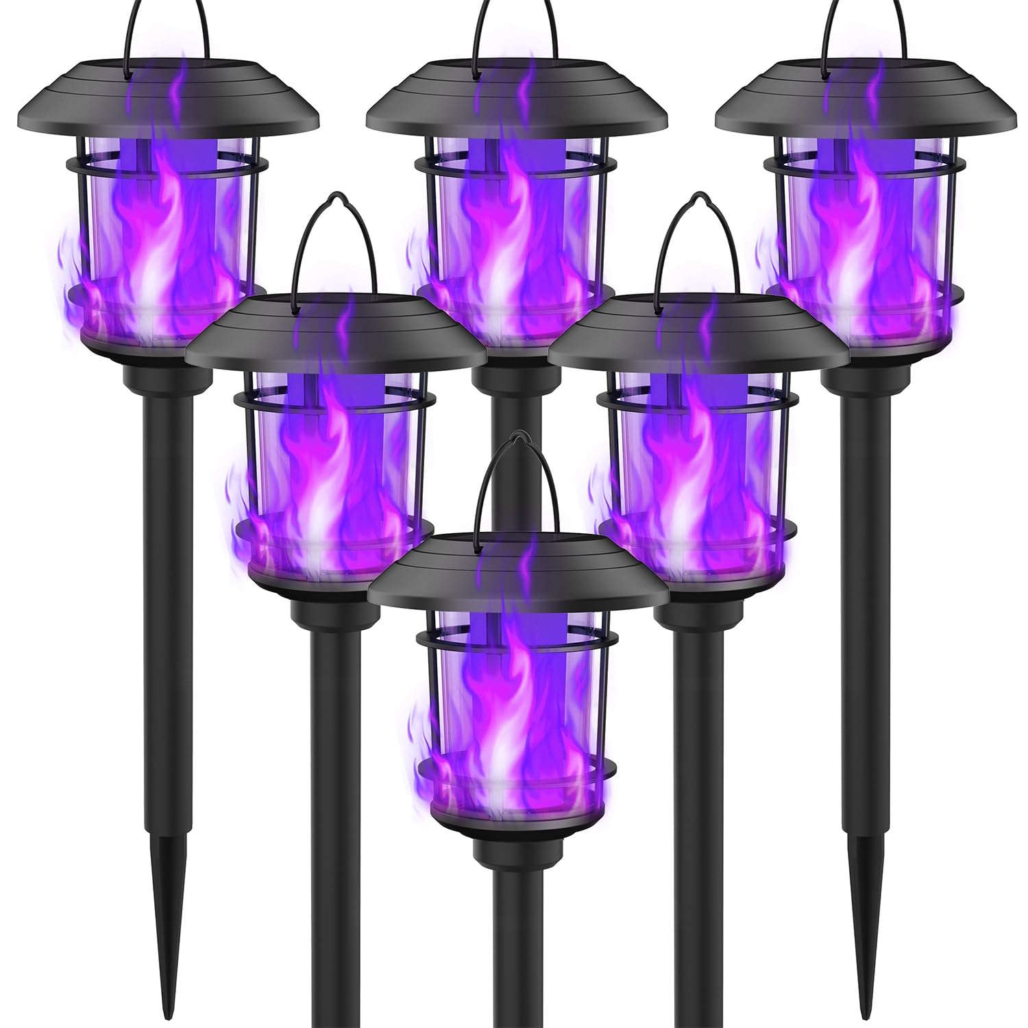 6 Pack Solar Flame Torch Lights Outdoor, Dual Use Flickering Purple Flame Garden Light, Hanging Lantern, Auto On/Off & Waterproof Halloween Lighting for Lawn Patio Yard Walkway Driveway