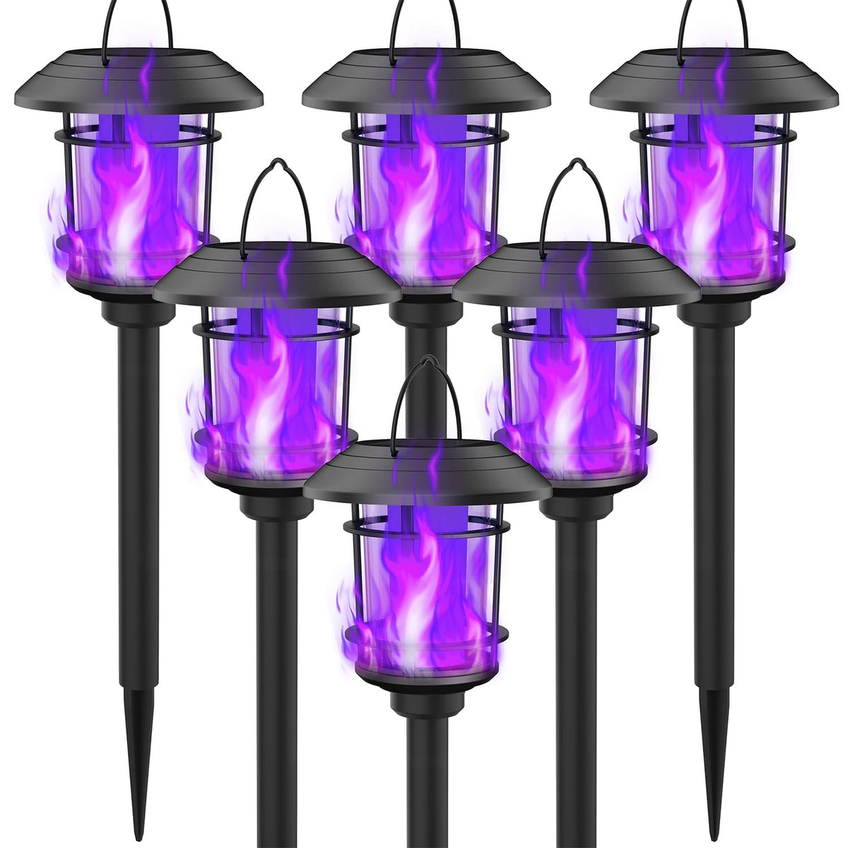 6 Pack Solar Flame Torch Lights Outdoor, Dual Use Flickering Purple Flame Garden Light, Hanging Lantern, Auto On/Off & Waterproof Halloween Lighting for Lawn Patio Yard Walkway Driveway