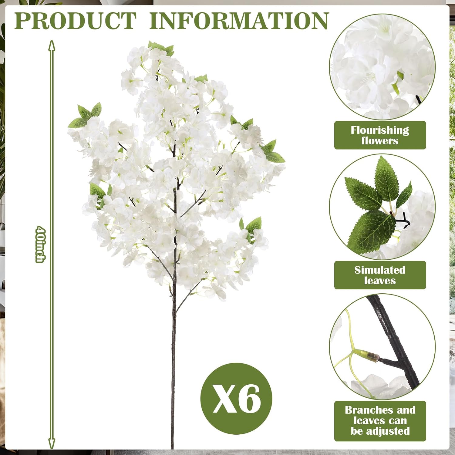 6 Pcs 40" Artificial Cherry Blossom Branches Spring Cream White Faux Tall Cherry Flower Stem Arrangement Realistic Plastic Flower Pick For Scandinavian Diy Home Office Wedding Vase Party Decor