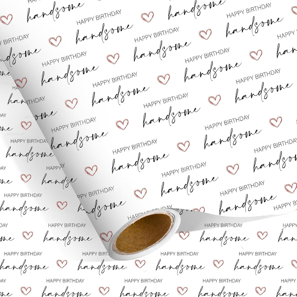Boyfriend Birthday Wrapping Paper Roll, Handsome Boy Wrapping Paper With Red Heart Pattern For Husband Valentine'S Day Anniversary Party Holiday Father'S Day, 17 Inch X 16.4 Feet