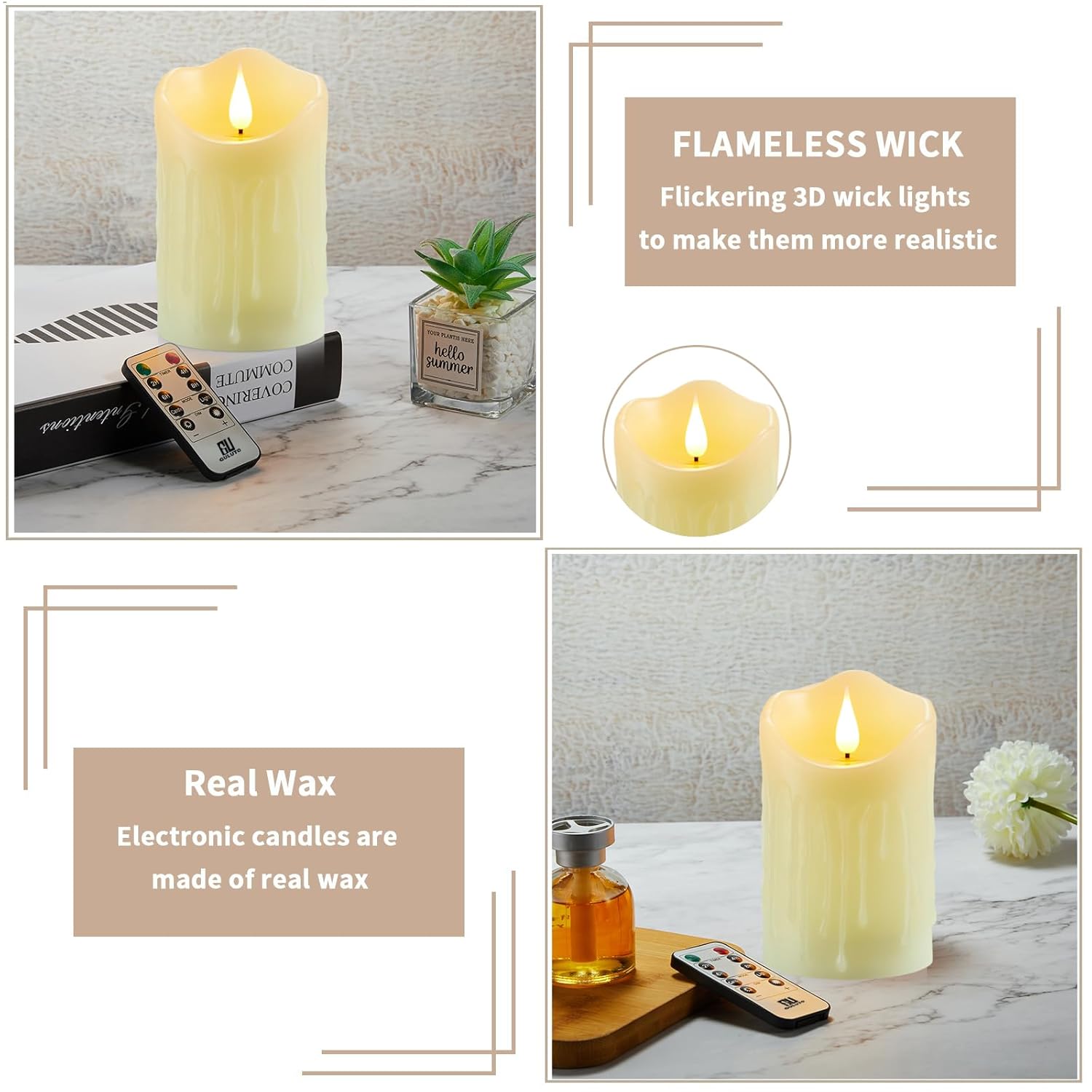 Flameless Candles With Rechargeable Battery, 3" X 5", Set Of 2, Electronic Candles With Remote And Timer, Led Pillar Candle Real Wax 3D Wick, Ivory Led Candle For Home, Wedding, Christmas