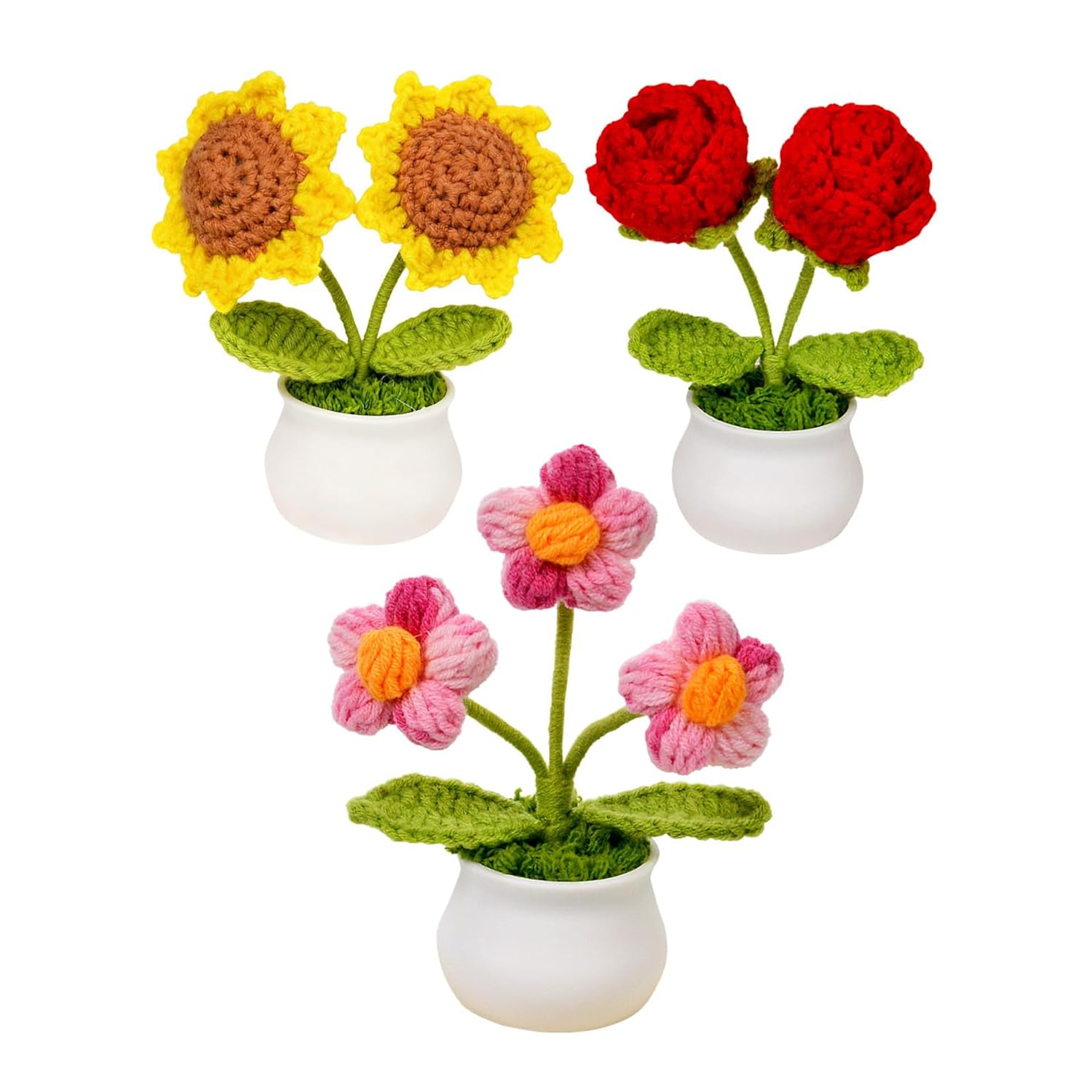3Pcs Crochet Flowers, Red Rose Sunflower Daisy Knitted Flowers Pots For Office Car Dashboard, Cute Desk Décor, Mothers Day Valentines Day Birthday Gifts