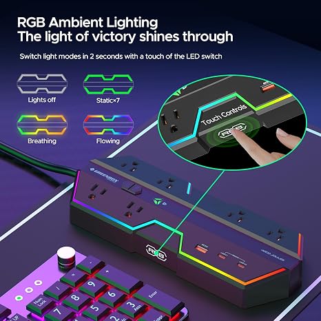 Gaming Surge Protector Power Strip 6 Outlets 4 USB Ports PD20W RGB Lighting 4000J Black