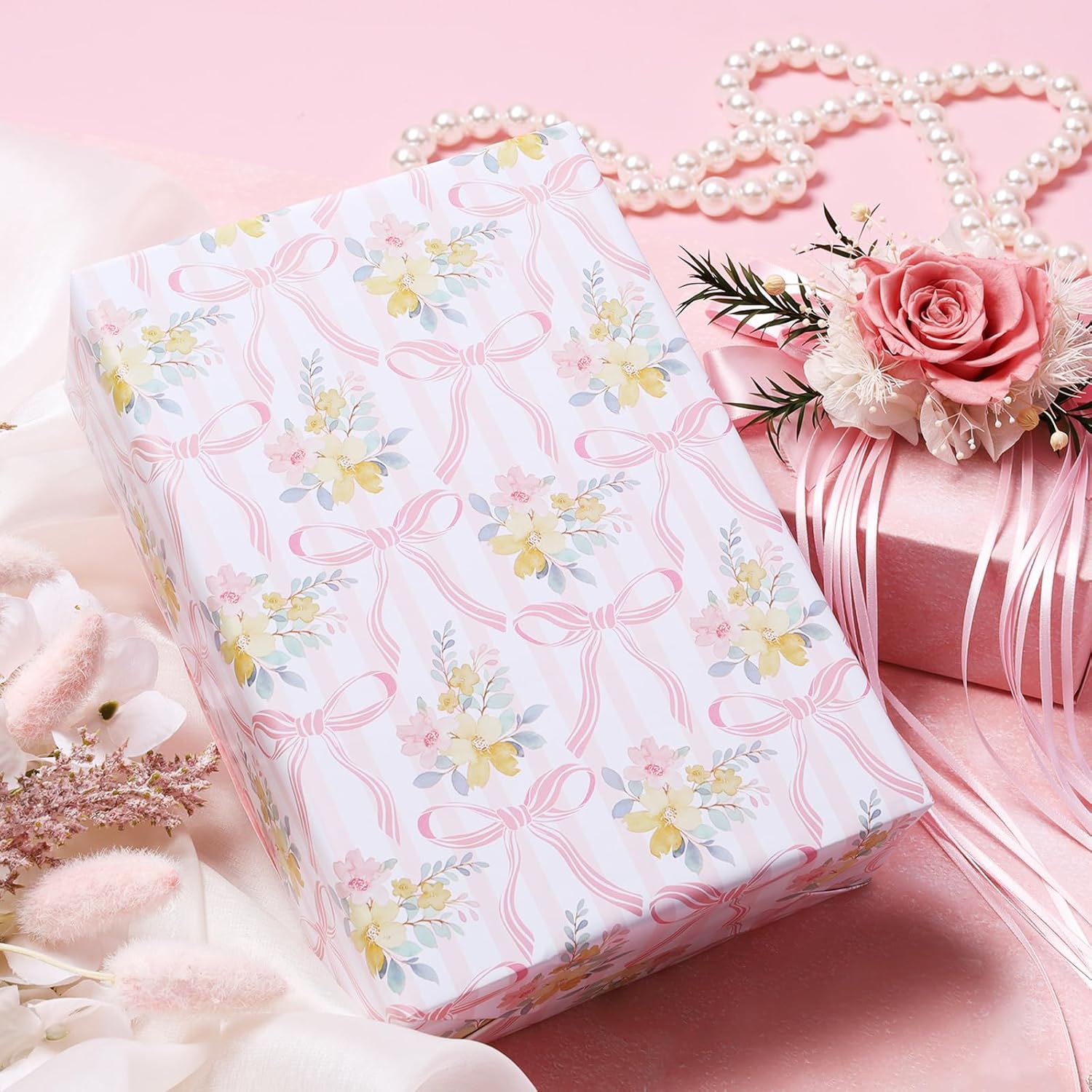 Reversible Bow Wrapping Paper Mini Roll, Pink Bow And Floral Design, Soft Pastel Gift Wrap For Valentine'S Day, Girls Birthday, Bridal Shower, Baby Shower, Wedding, 17" X 33'(46.7 Sq. Ft)