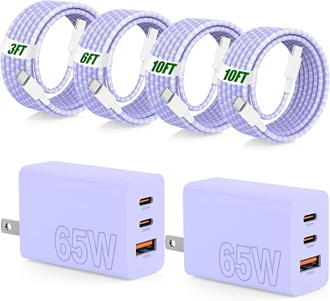 65W 3 Port USB C Fast Charger with 3FT 6FT 10FT 10FT Braided Type C Cables Purple