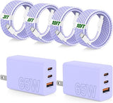 65W 3 Port USB C Fast Charger with 3FT 6FT 10FT 10FT Braided Type C Cables Purple