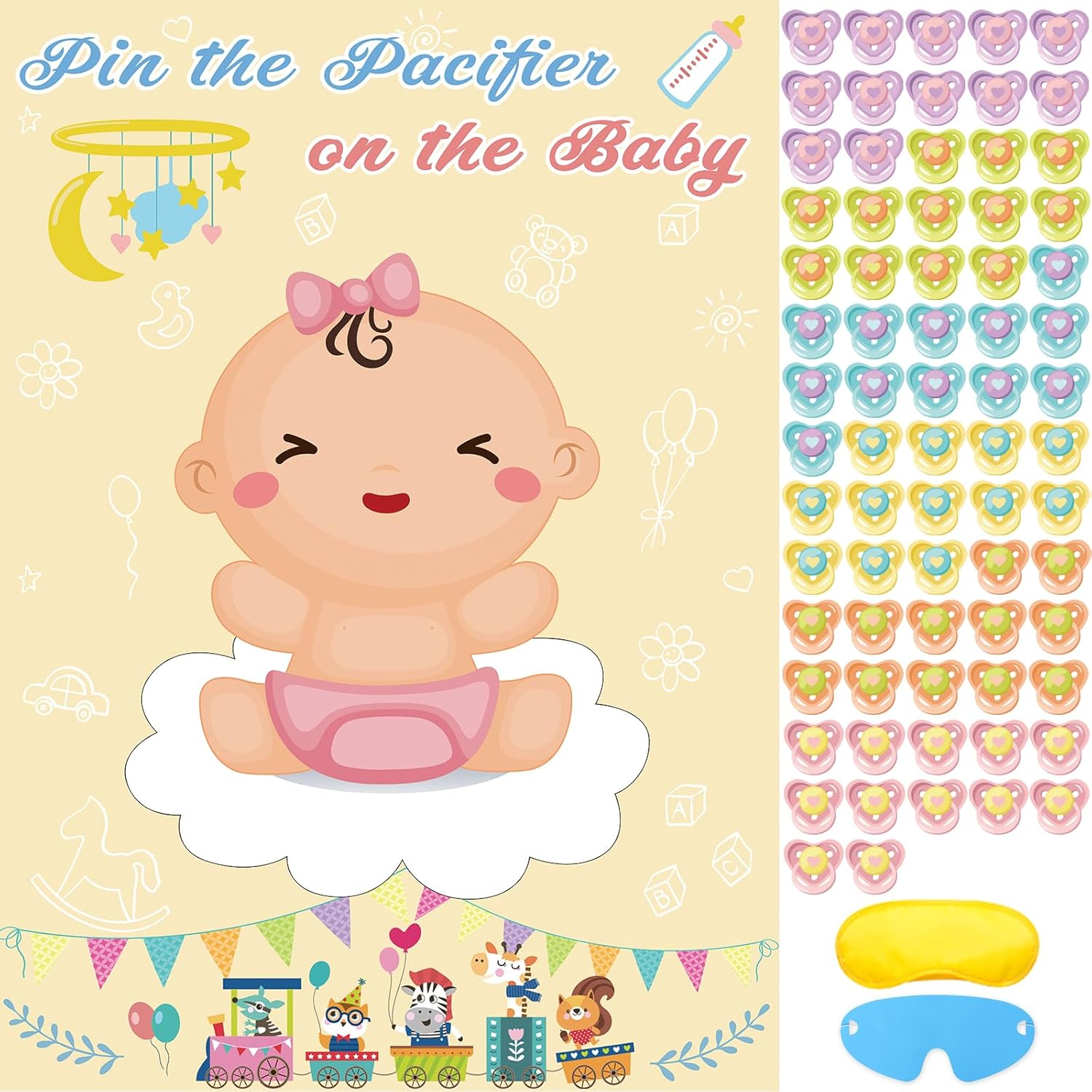Baby Shower Game Pin The Pacifier On The Baby Game, Large Girl Baby Poster Games For Girl Kids Baby Shower Party Birthday Party Supplies - 72 Pacifier Stickers