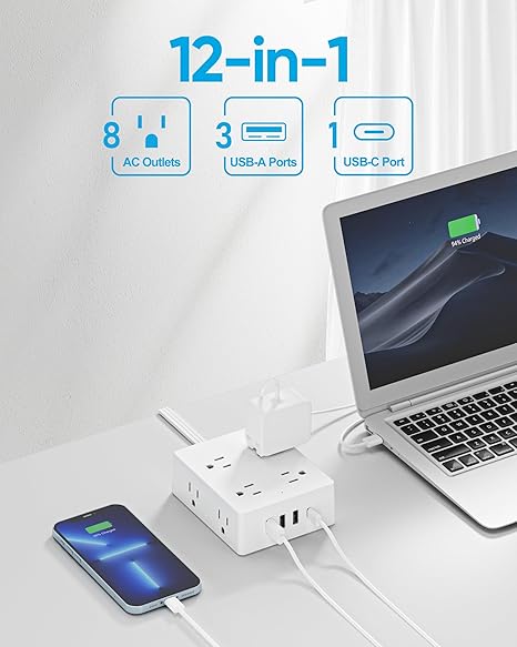 Flat Plug Power Strip 8 Outlets 4 USB Ports 1 USB C 10FT Extension Cord 3 Sided Outlet Extender White